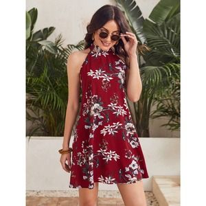 Sleeveless Tie Back Floral Print Halter Dress red burgundy boho